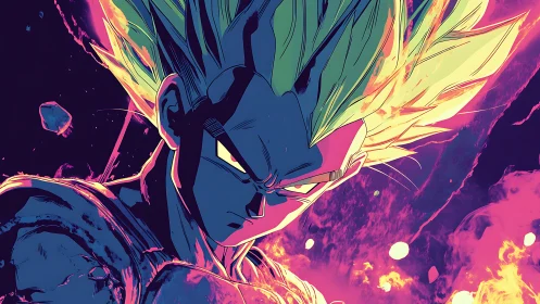 Electric anime warrior portrait in vivid neon colors.