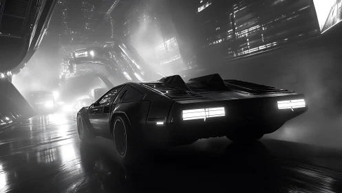 Retro-futuristic coupe in foggy neon megacity underpasses