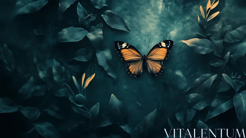 Golden butterfly rests softly among deep teal forest leaves