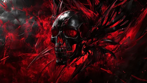 Crimson storm skull rising from shadows and swirling flame.