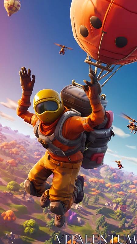 Skydiving pumpkin trooper surfing bright cartoon skies.