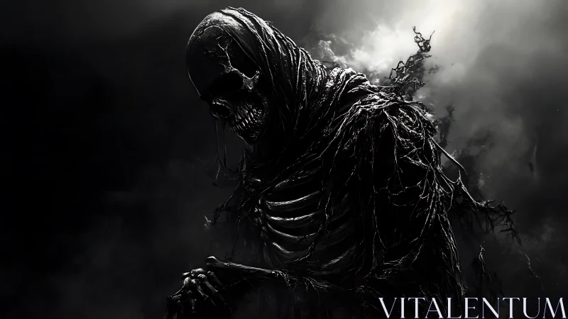 Hooded skeletal wraith emerges from swirling stormed darkness