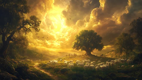 Sheep graze under towering trees beneath intense golden sky