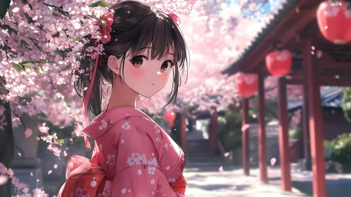 Blossom-kissed girl in pink kimono under lantern-lit spring.