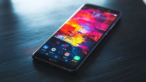 Smartphone displaying colorful abstract wallpaper on dark surface.
