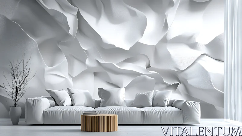 Billowing white wall waves embracing a cloud-soft sofa dream.