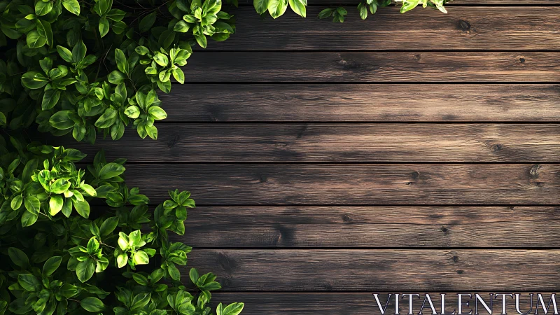 Weathered wooden planks bordered by dense green foliage