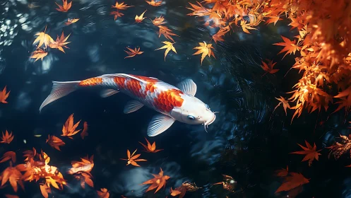 Gentle koi gliding through autumn leaves on a quiet pond.