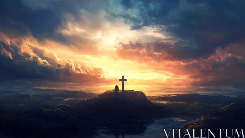 Sunset sky leans close as one soul kneels beneath the cross
