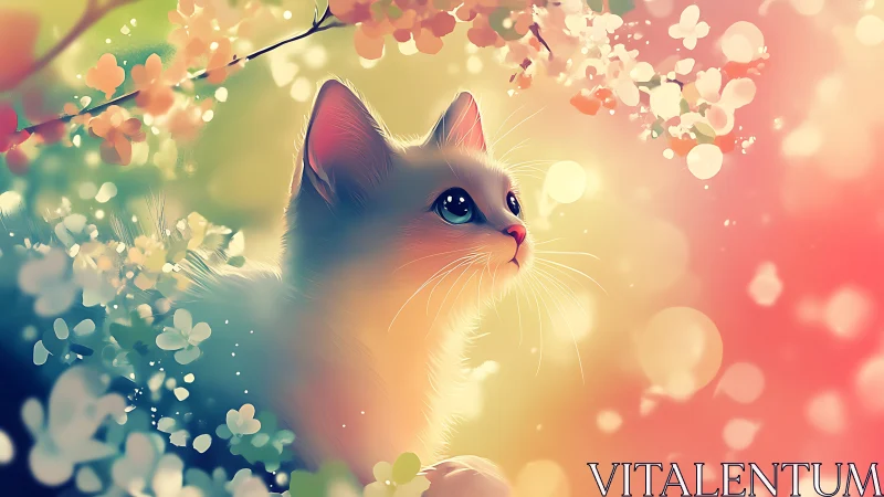 Luminous Cat Surrounded by Blooming Flowers.
