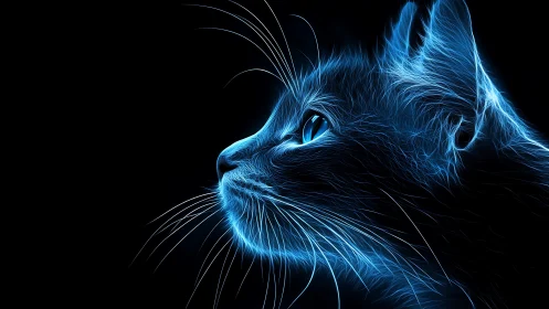Neon Blue Cat Face Profile Against Black.