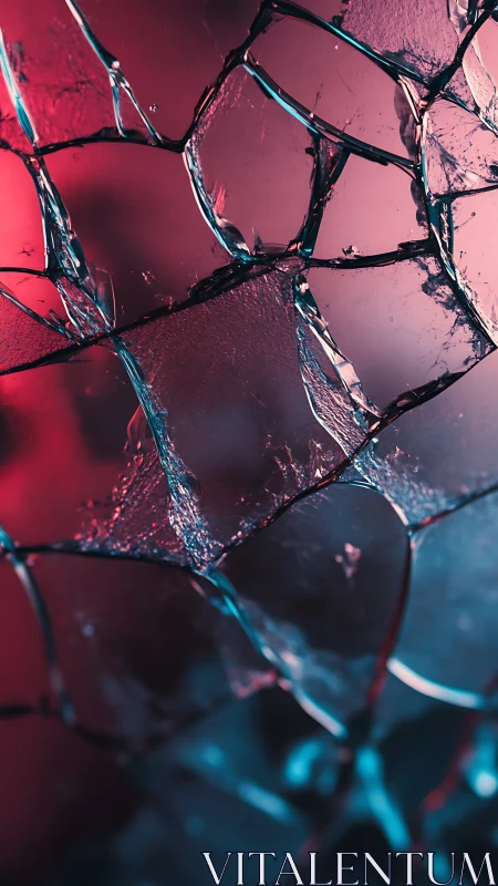 Shattered glass surface catches neon blue and pink light