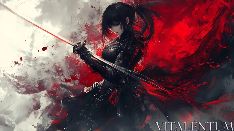 Dark armored swordswoman amid red and gray energy field.