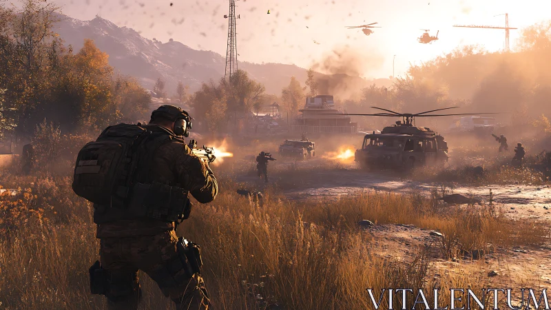 Modern military squad in active combat with helicopters.