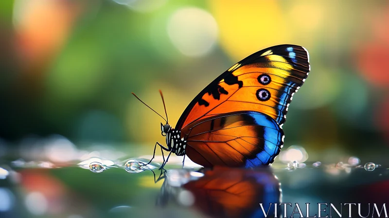 Luminous butterfly poised on dewdrops in a dream-bright garden.