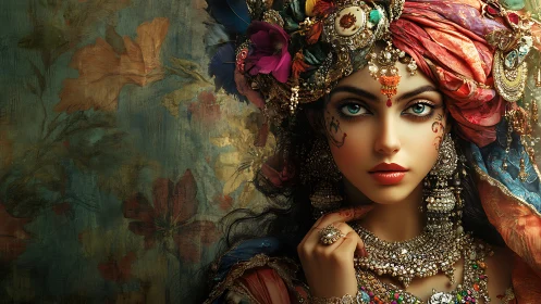 Ornate portrait of jeweled woman against painterly floral wall