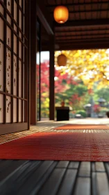 Japanese engawa corridor shows shoji panels and autumn garden