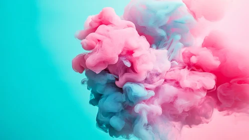 Pink and cyan ink clouds suspended in clear liquid medium.