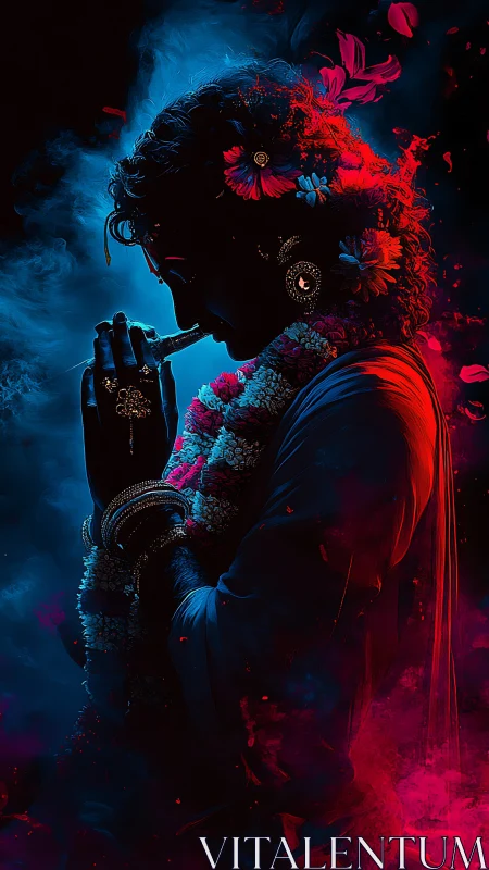 Divine flute player silhouette glows in neon smoke and flowers