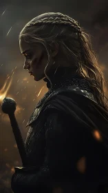 Battle-scarred warrior in profile holds sword amid embers