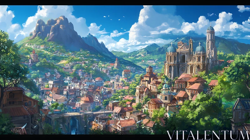 Panoramic hilltop cityscape shows cathedral-dominated skyline under volumetric clouds