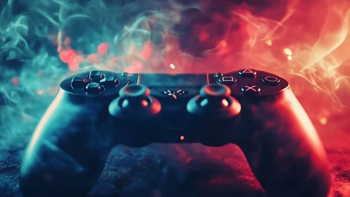 Gaming controller in neon smoke with dramatic bokeh lighting.