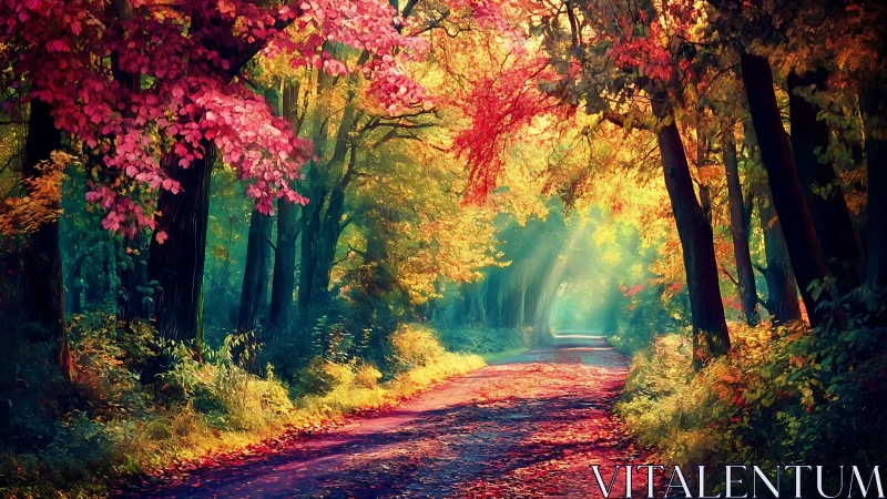 Luminous forest canopy tunnel with vivid autumnal foliage and atmospheric light rays.
