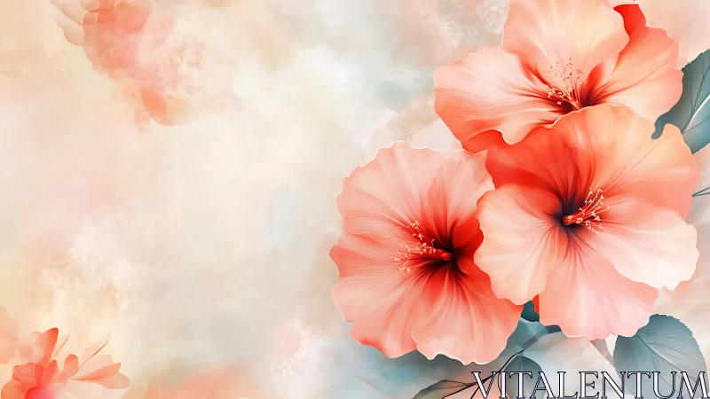 Coral Hibiscus Flowers Soft Watercolor Art