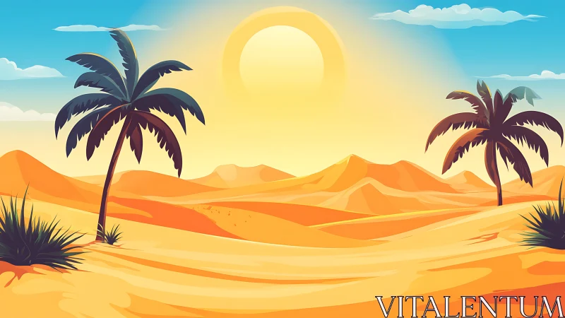 Stylized desert oasis under intense sun with layered dune gradients