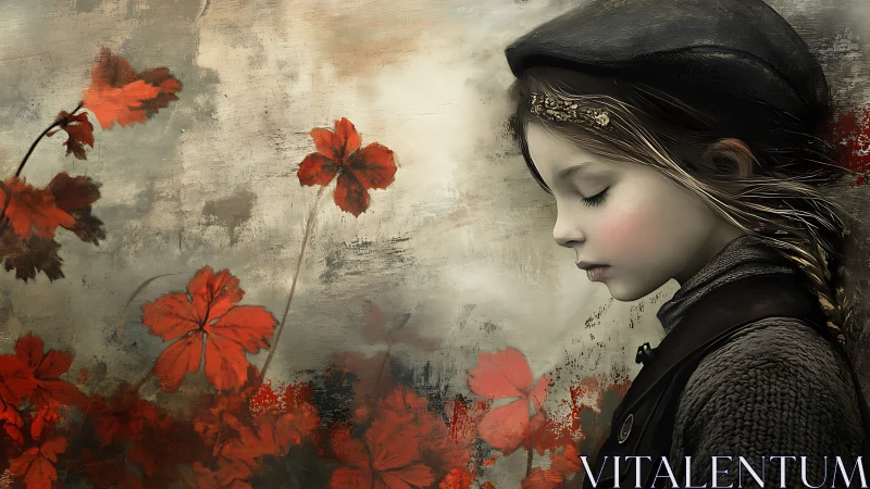 Quiet daydreaming girl rests beside drifting red flowers