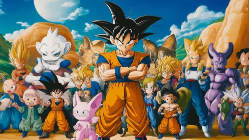 Saiyan squad stands tall under twin suns of battle calm.