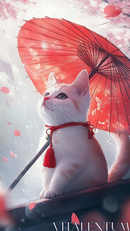 White cat under red umbrella among falling petals.