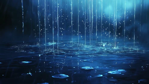Hydrodynamic rain impact with luminous blue surface scattering.