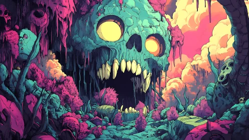Skull cavern landscape under neon sky with jagged teeth.