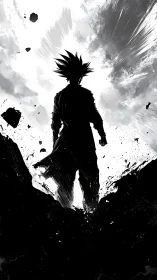 High-contrast anime silhouette framed by explosive radial debris