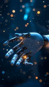 Robotic hand extends through luminous cybernetic particles.