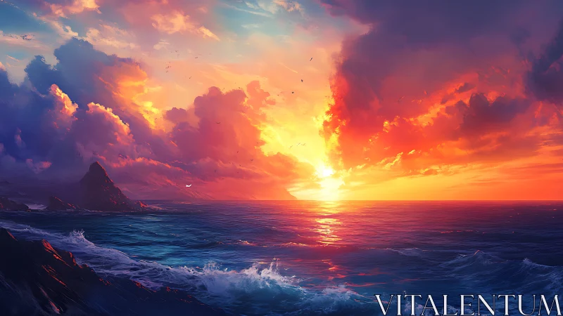 Digital seascape shows sunset over ocean with cloud masses