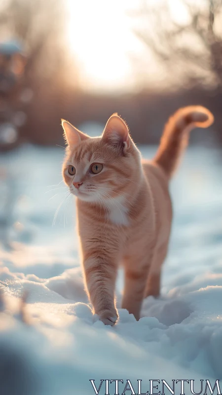Ginger Cat Walking Through Snow at Golden Hour.