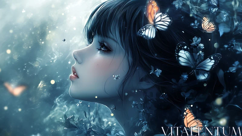 Ethereal girl profile amid luminous midnight butterflies.
