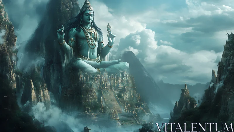 Mountain-breathing colossus meditates above misty shrine city