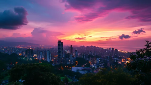 Radiant city skyline unwinds beneath a lush violet sunset glow