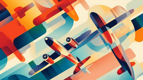 Geometric abstract airplanes in layered colorful flight pattern.