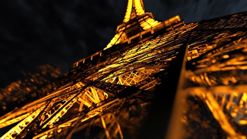 Eiffel Tower illuminated at night from low upward angle view.
