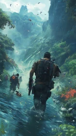 Futuristic river squad advances through misty jungle gorge.