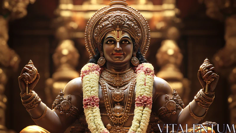 Ornate Hindu deity statue with garlands in warm temple light.