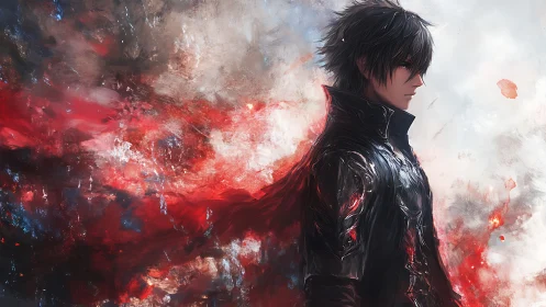 Dark-haired warrior stands amid swirling crimson storm