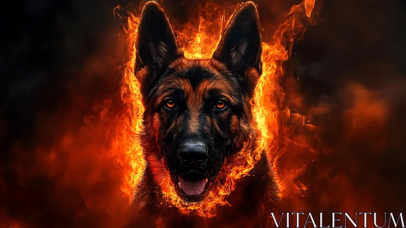Infernal shepherd portrait within blazing fiery halo.