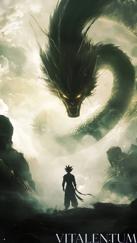 Silhouetted figure under coiling dragon in misted canyon.