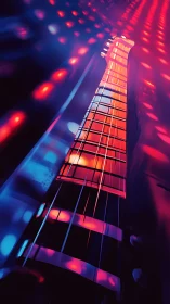 Electric guitar neck in neon magenta and cyan bokeh glow.