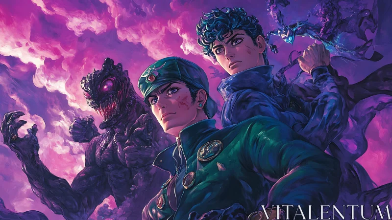 Bioluminescent duelists with spectral entities in vortex sky.